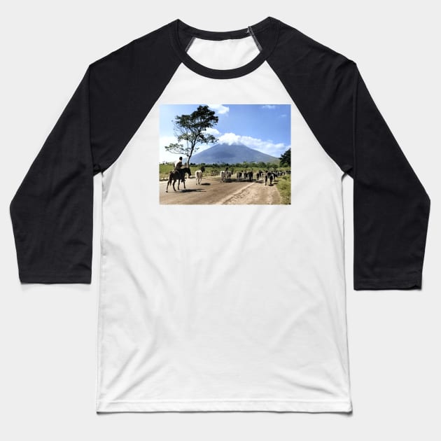 Colorized Vintage Photo of Cattle Drive past San Miguel Volcano Baseball T-Shirt by In Memory of Jerry Frank